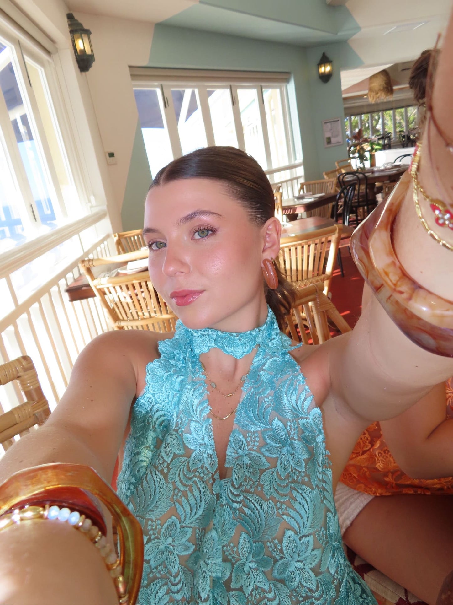 Lace Tie-Neck Top in Aqua