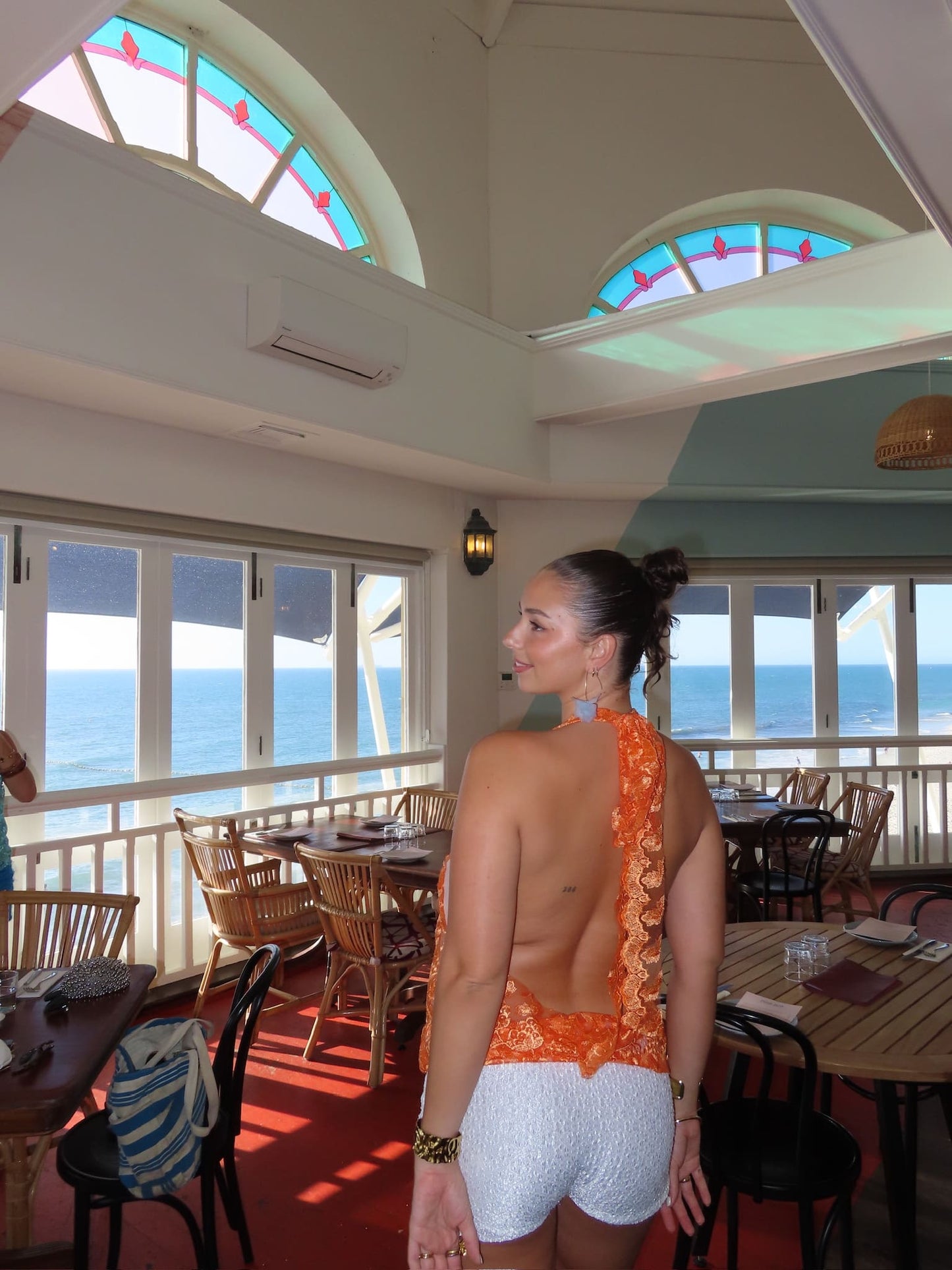 Lace Tie-Neck Top in Tangerine