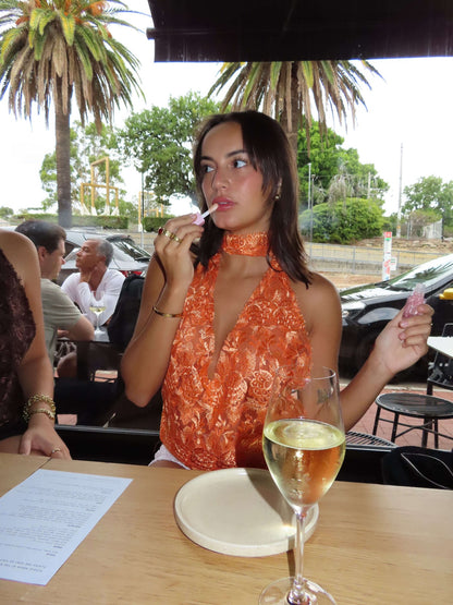 Tangerine Lace Tie-Neck Top